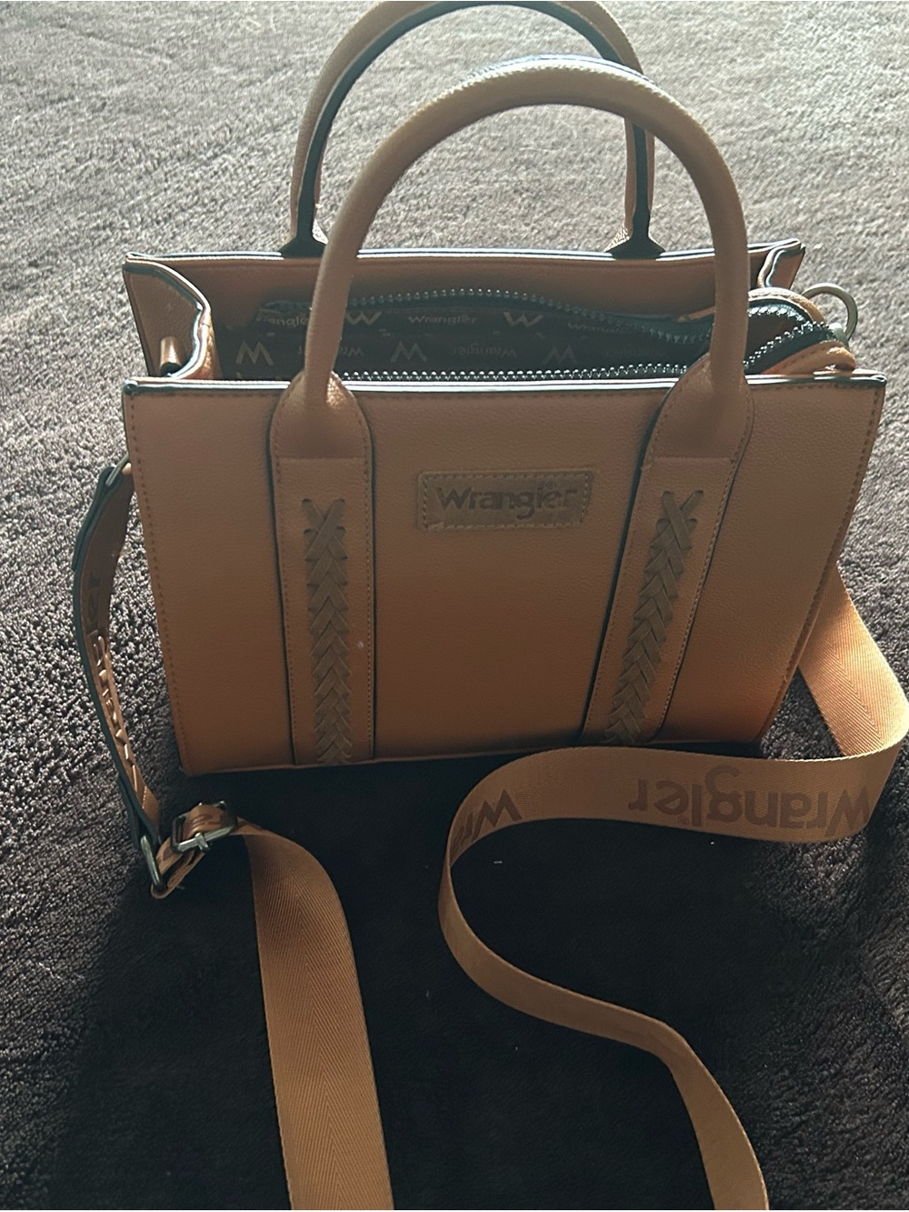 Wrangler Tan Satchel with Braided Trim and Logo Strap